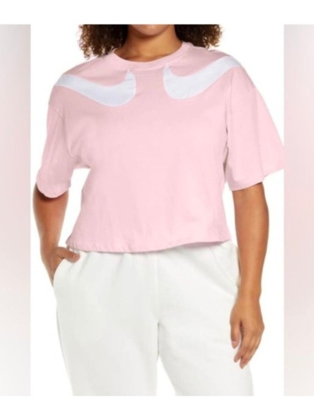 Nike Sportswear Womens 1X Crop Tee Oversized Pink White Swoosh Design Lightweigh